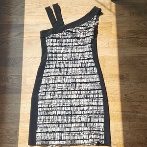 (8) Joseph Ribkoff Black and White One-Shoulder BodyCon Ruffle Dress Classic Wow